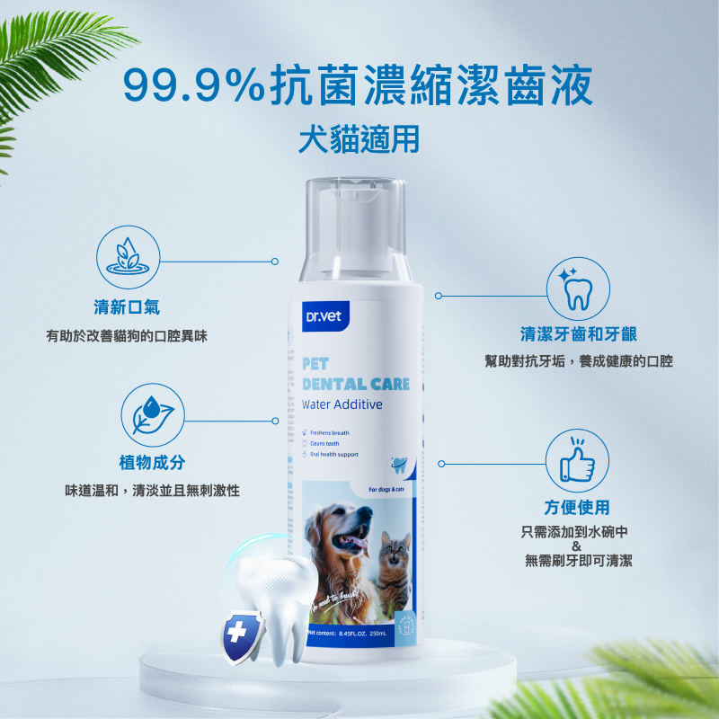 Dr. Vet 99.9% Antimicrobial Concentrated No-Brush Pet Dental Liquid (250ml / 1:100 Super Concentrate / Dissolves Tartar & Freshers Breath)